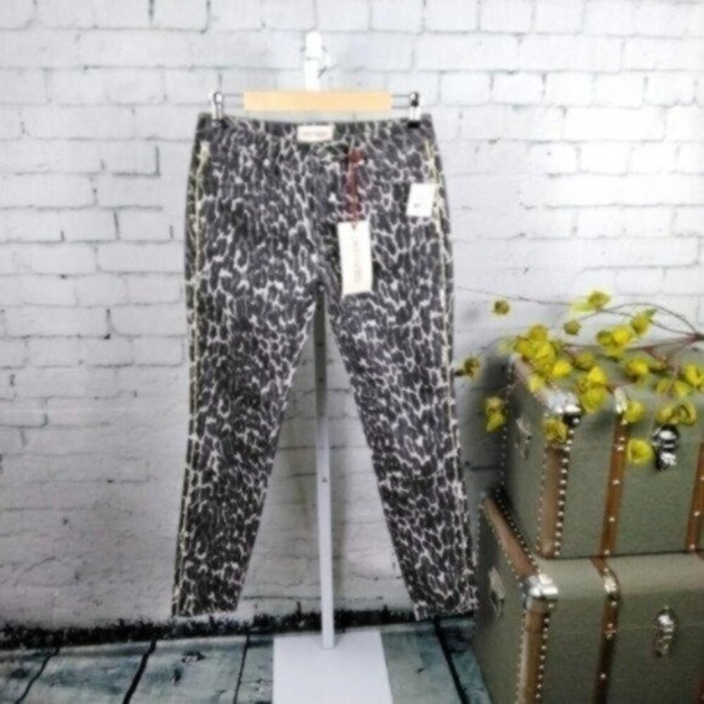 Driftwood Jackie Leopard Print Skinny Ankle Jeans With Gold Piping Gray Size 27